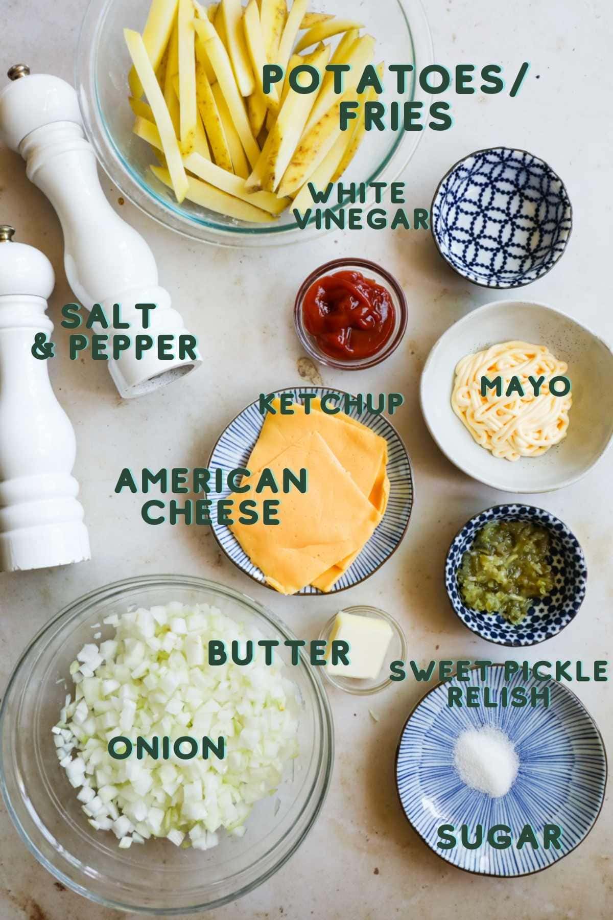 Ingredients for In-n-Out animal-style fries copycat recipe.