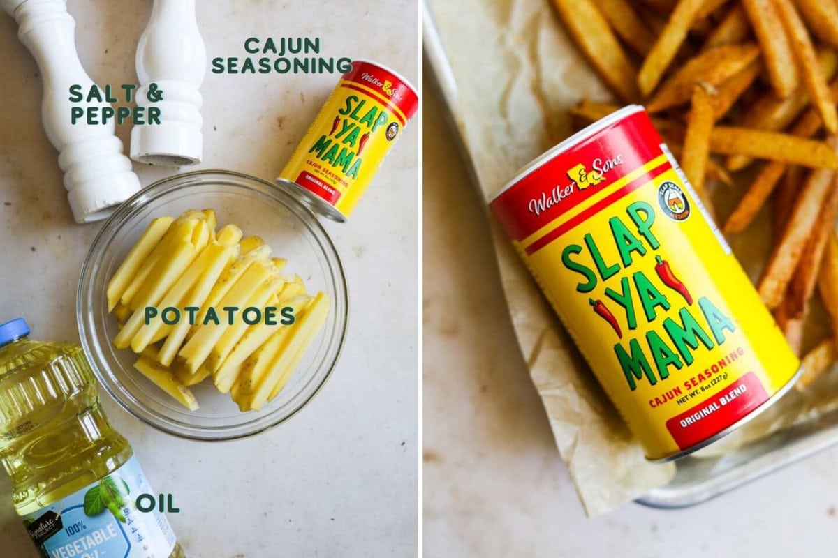 Ingredients for spicy cajun fries, including potatoes, oil, Slap Ya Mama cajun seasoning, salt, and pepper.