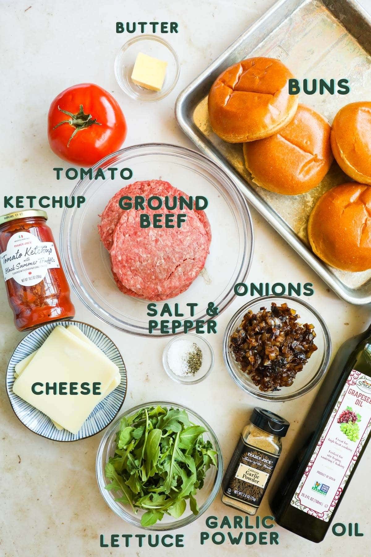 Ingredients to make cast iron skillet burgers on the stovetop.