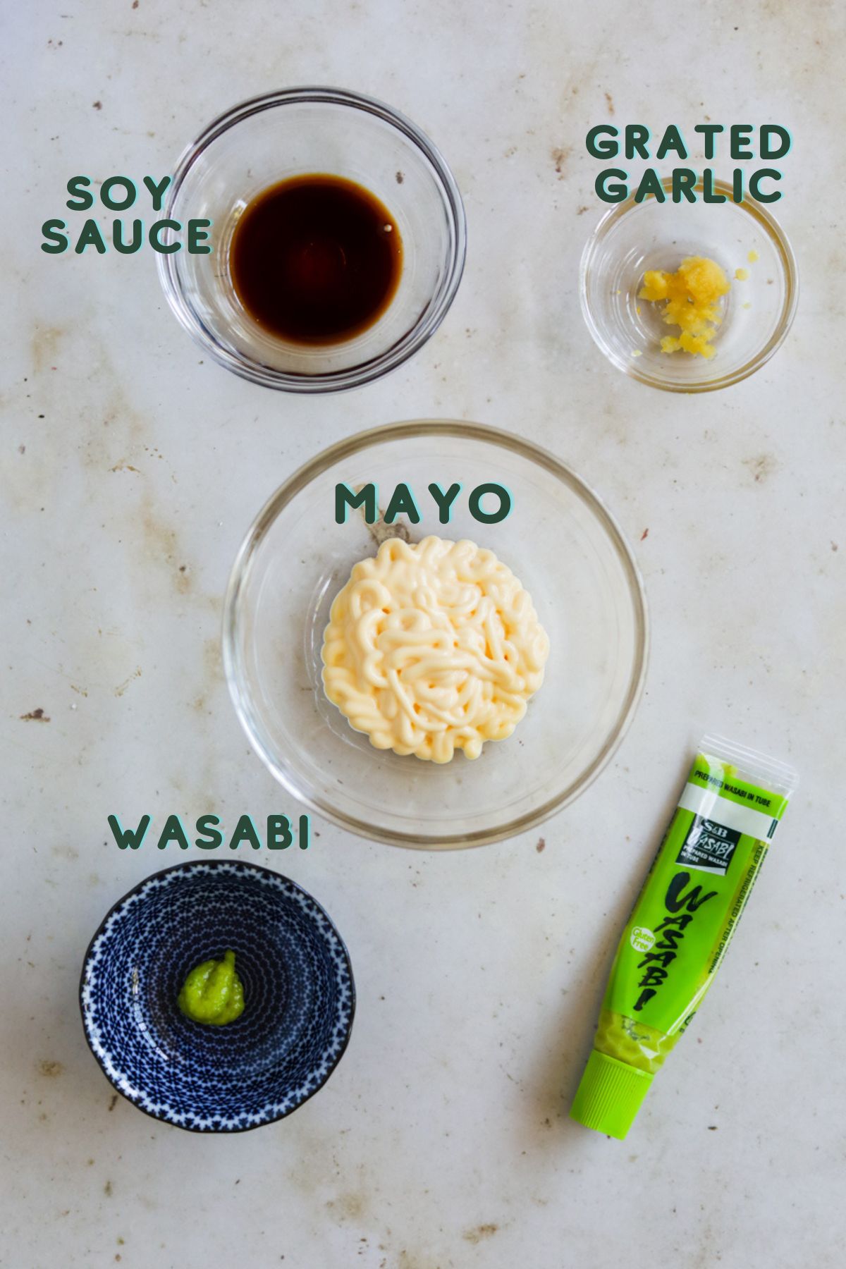 Ingredients for wasabi aioli mayo sauce.