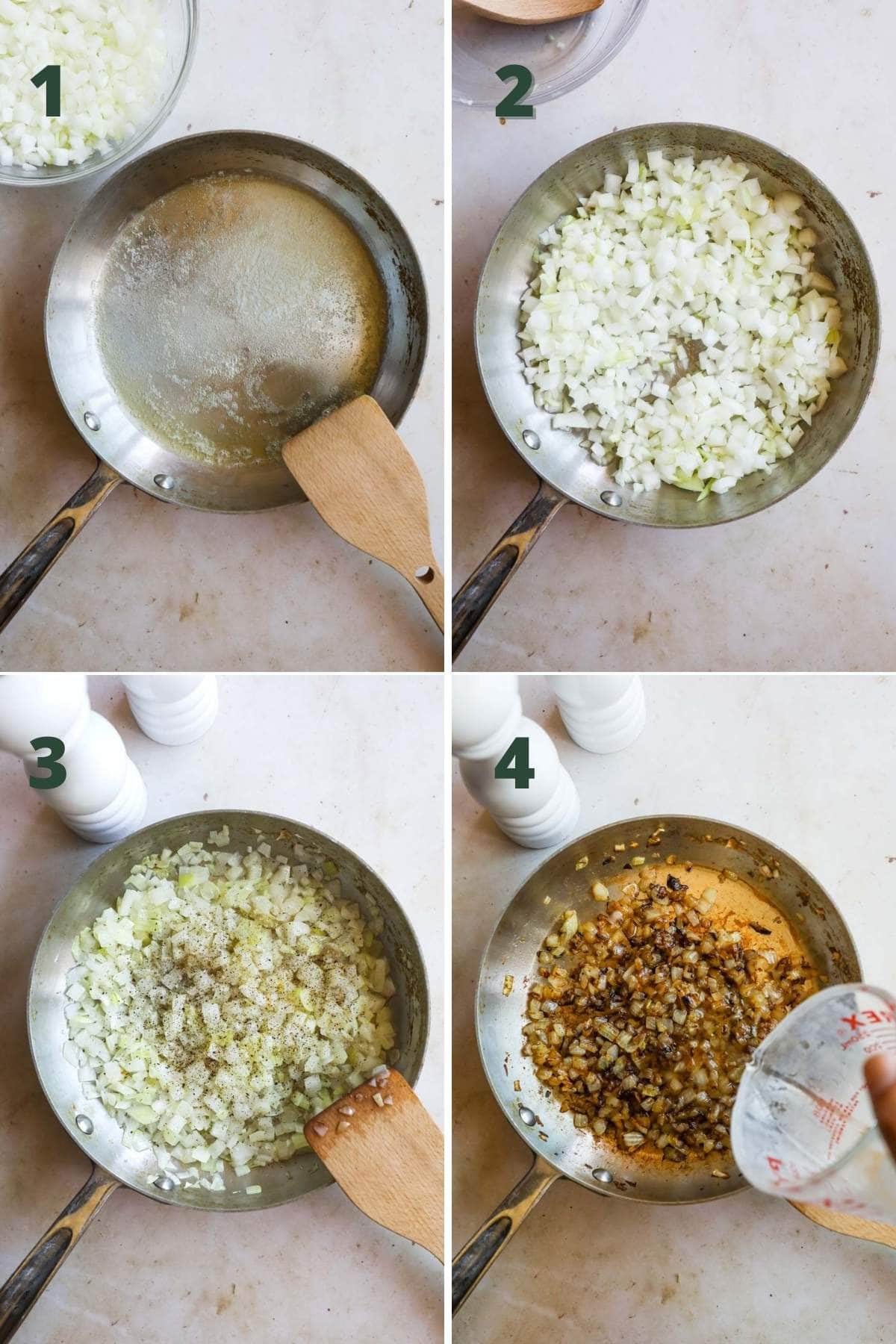 Steps to make caramelized onions for burgers in a pan with butter, onion, salt, pepper, and water.