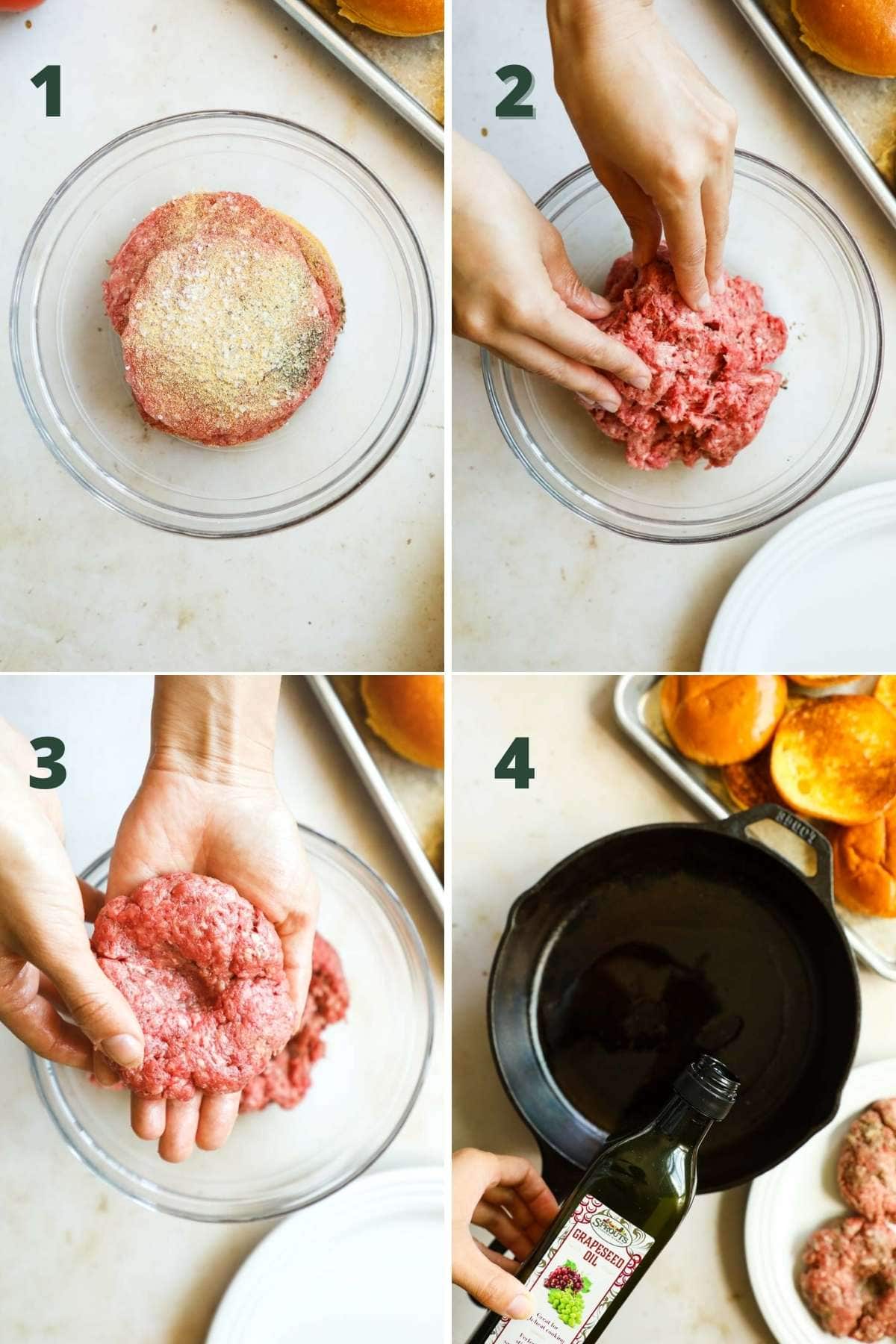 Steps to make cast iron skillet burgers, including mixing the meat in a bowl with seasoning, forming the patties, and heating the skillet.