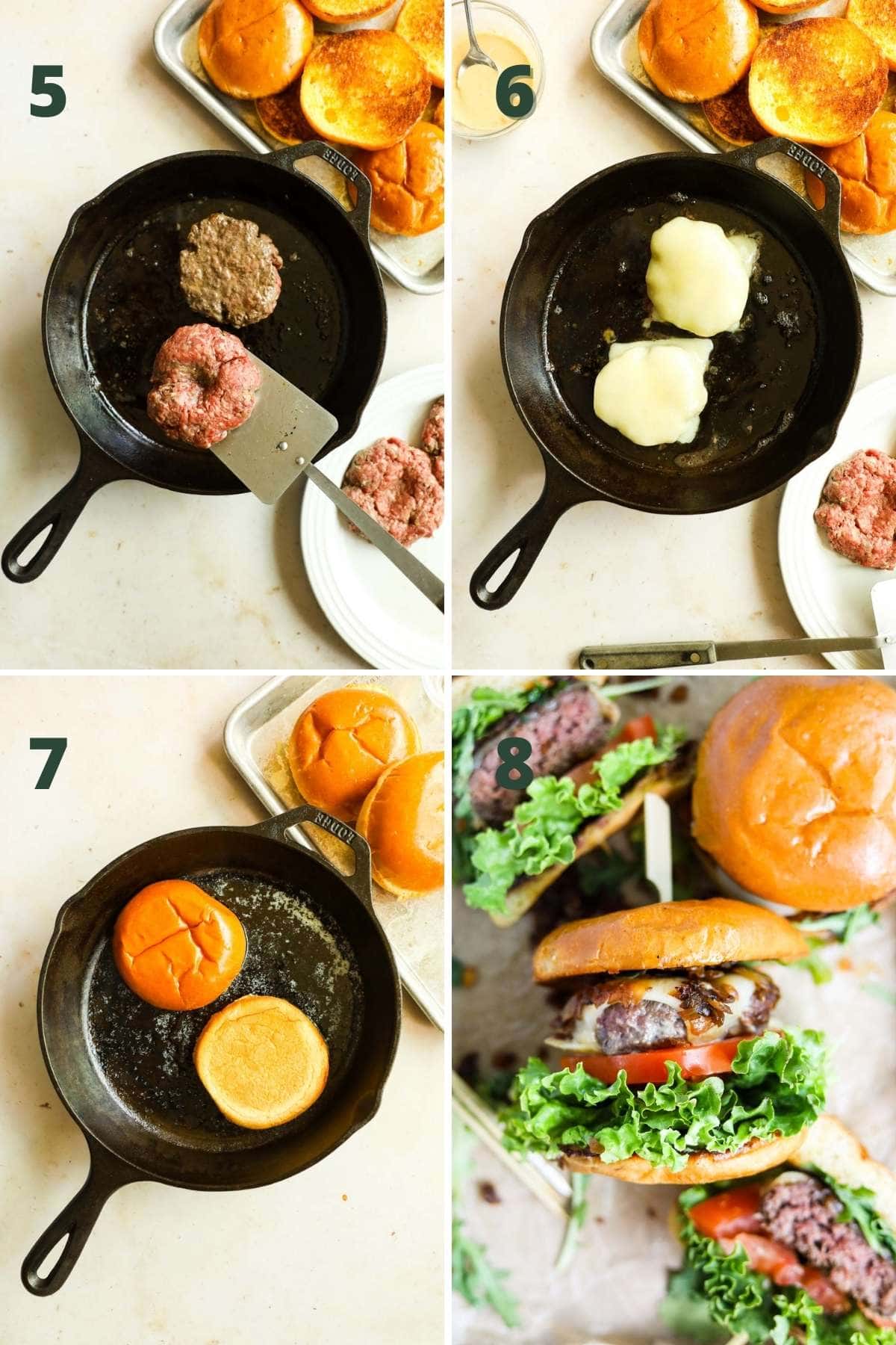Steps to make cast iron skillet burgers, including cooking the patties in the skillet, adding cheese, toasting the buns, and assembling the burger.