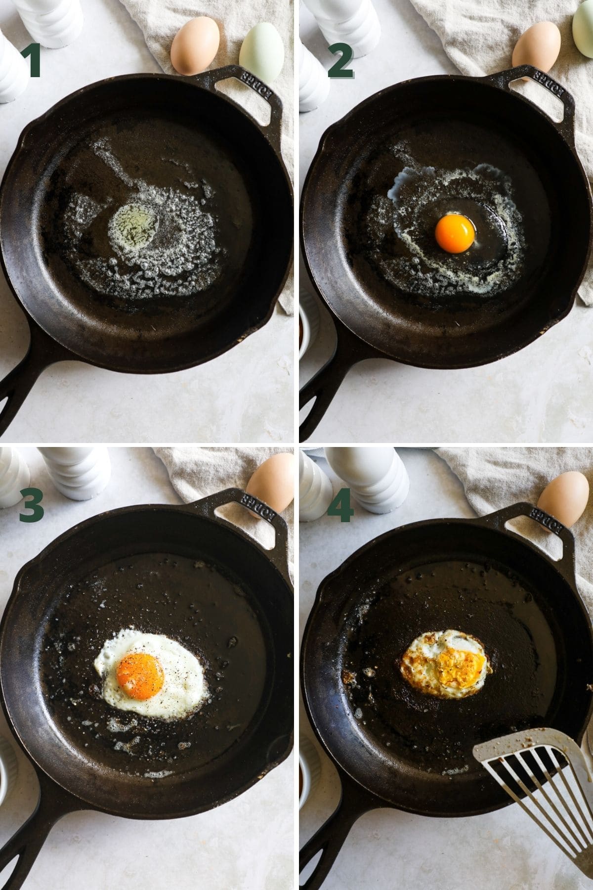 How to make over easy eggs in a cast iron skillet.