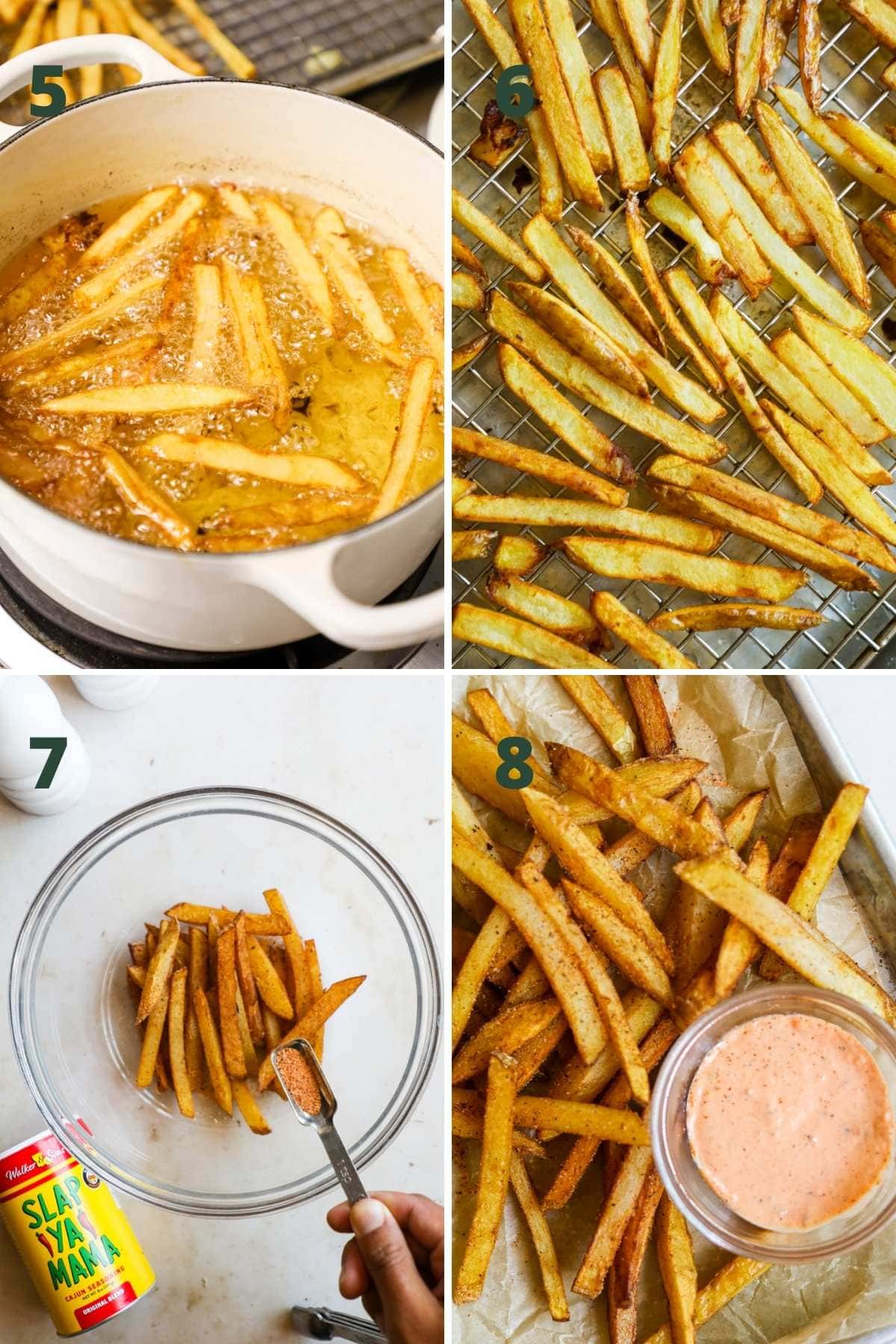 Steps to make fries and season with spicy cajun seasoning.