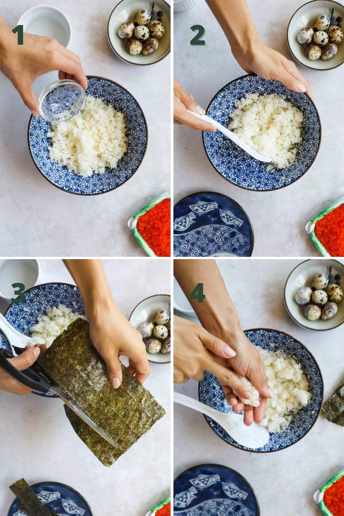 Steps for tobiko quail egg gunkan nigiri sushi, including how to form the rice.