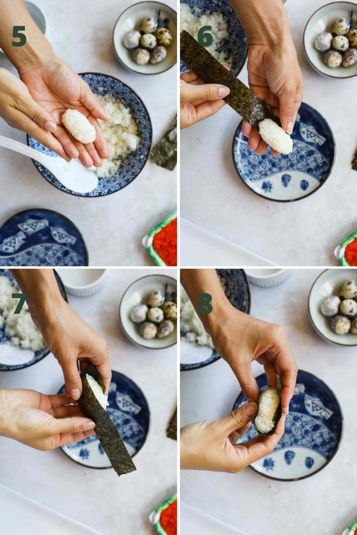 Steps for tobiko quail egg gunkan nigiri sushi, including how to form the rice into an oval and wrap with nori.