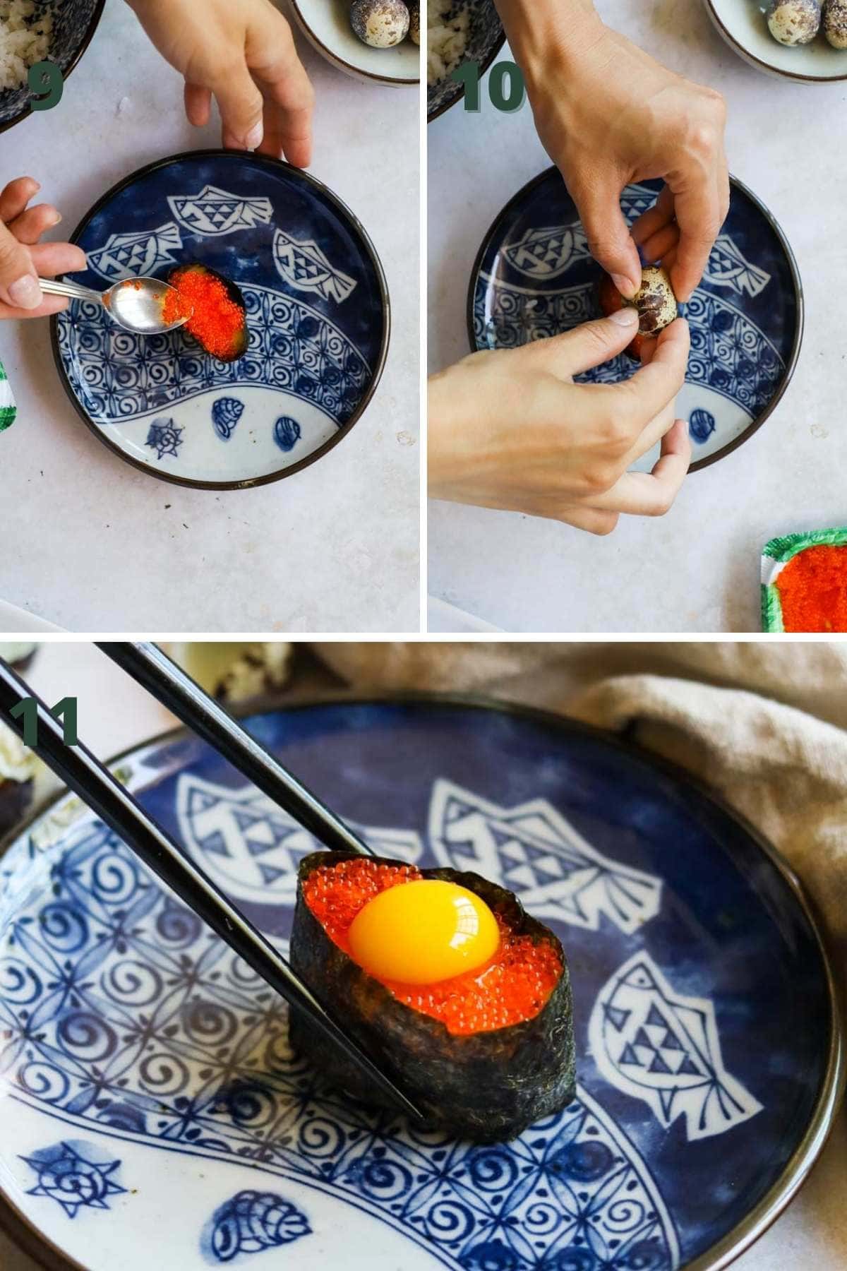 Steps for roe and quail egg gunkan nigiri sushi, including how to fill the gunkan with tobiko and quail egg.
