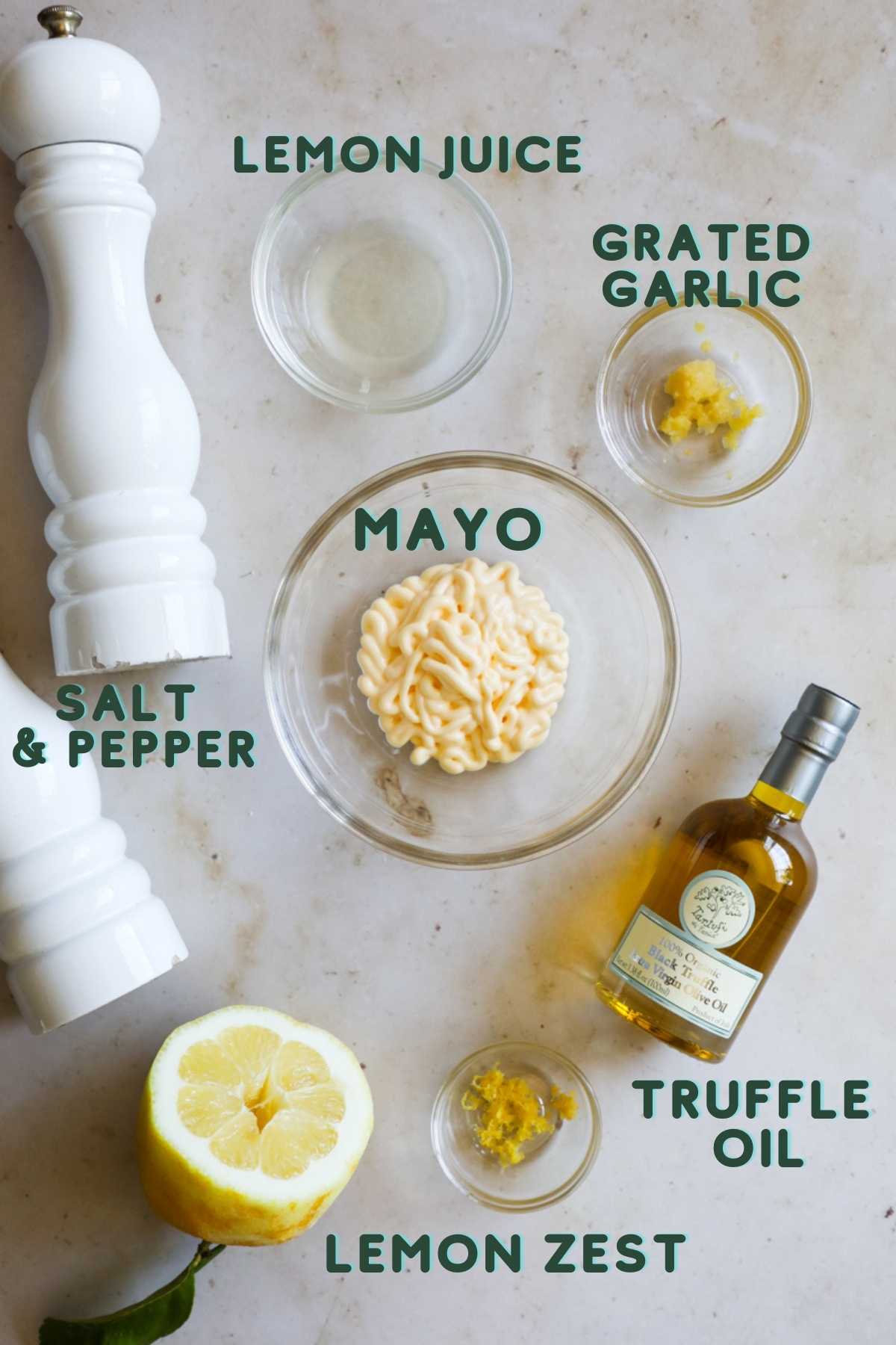 Ingredients to make garlic truffle mayo aioli.