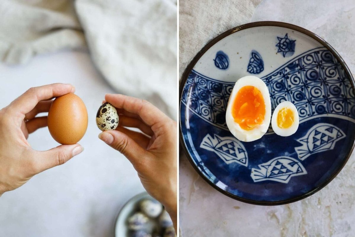 Side-by-side images of a chicken egg versus a quail egg, both whole and peeled.
