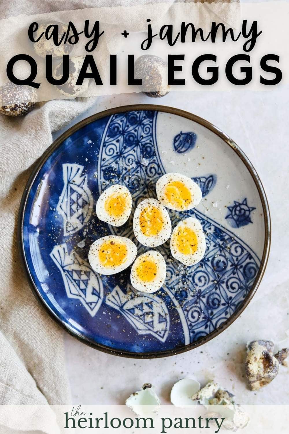 Pinterest pin for how to cook jammy soft-boiled quail eggs.