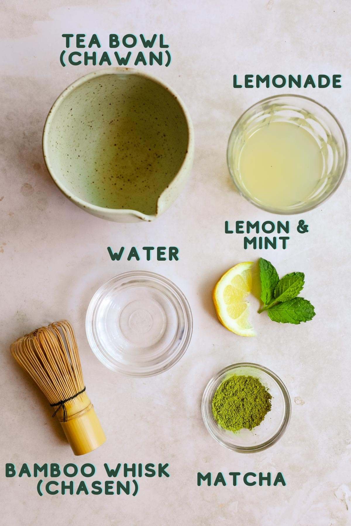 Ingredients for matcha lemonade, including matcha, mint, lemon, water, and lemonade.