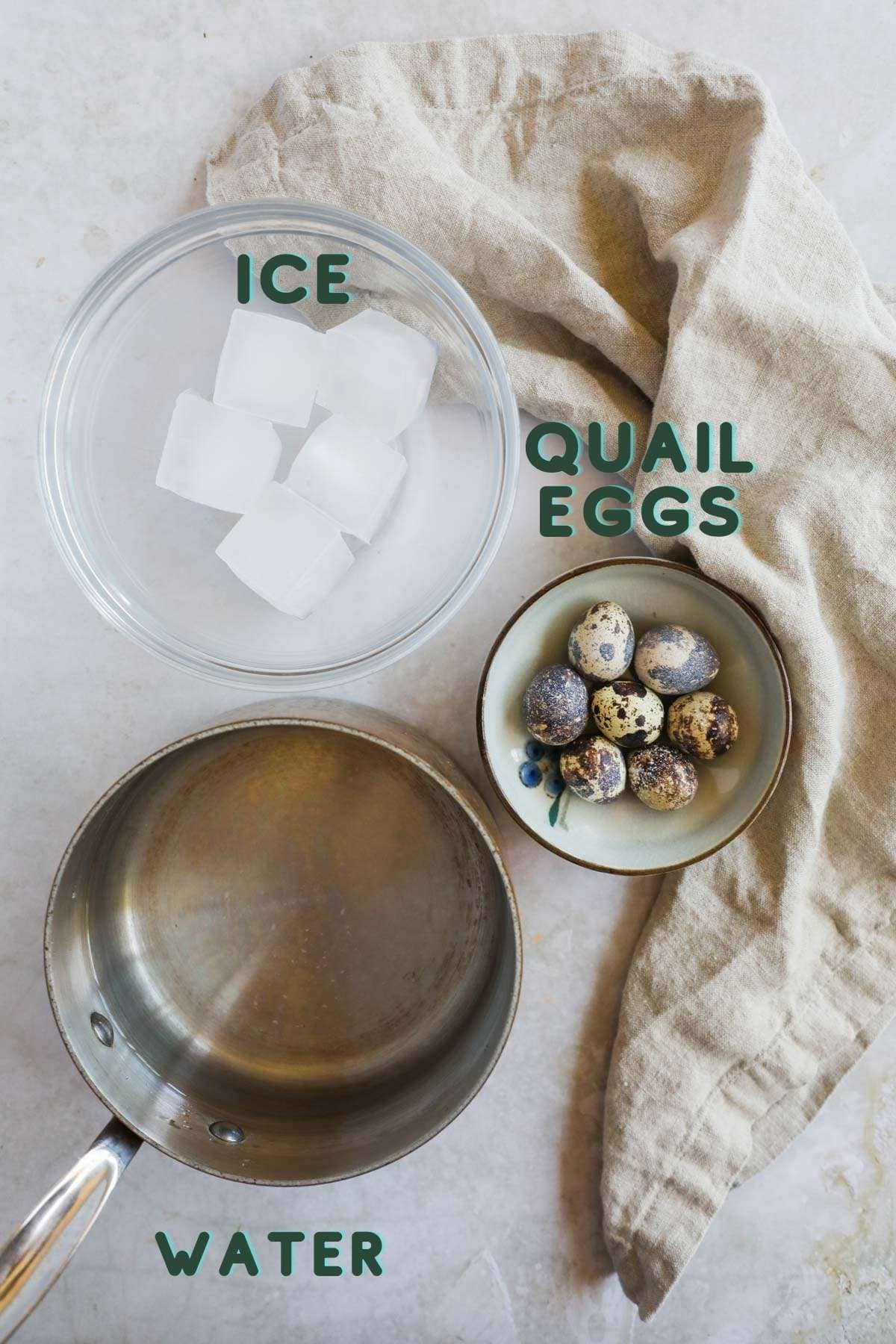 Ingredients to cook quail eggs, including quail eggs, water, and ice.