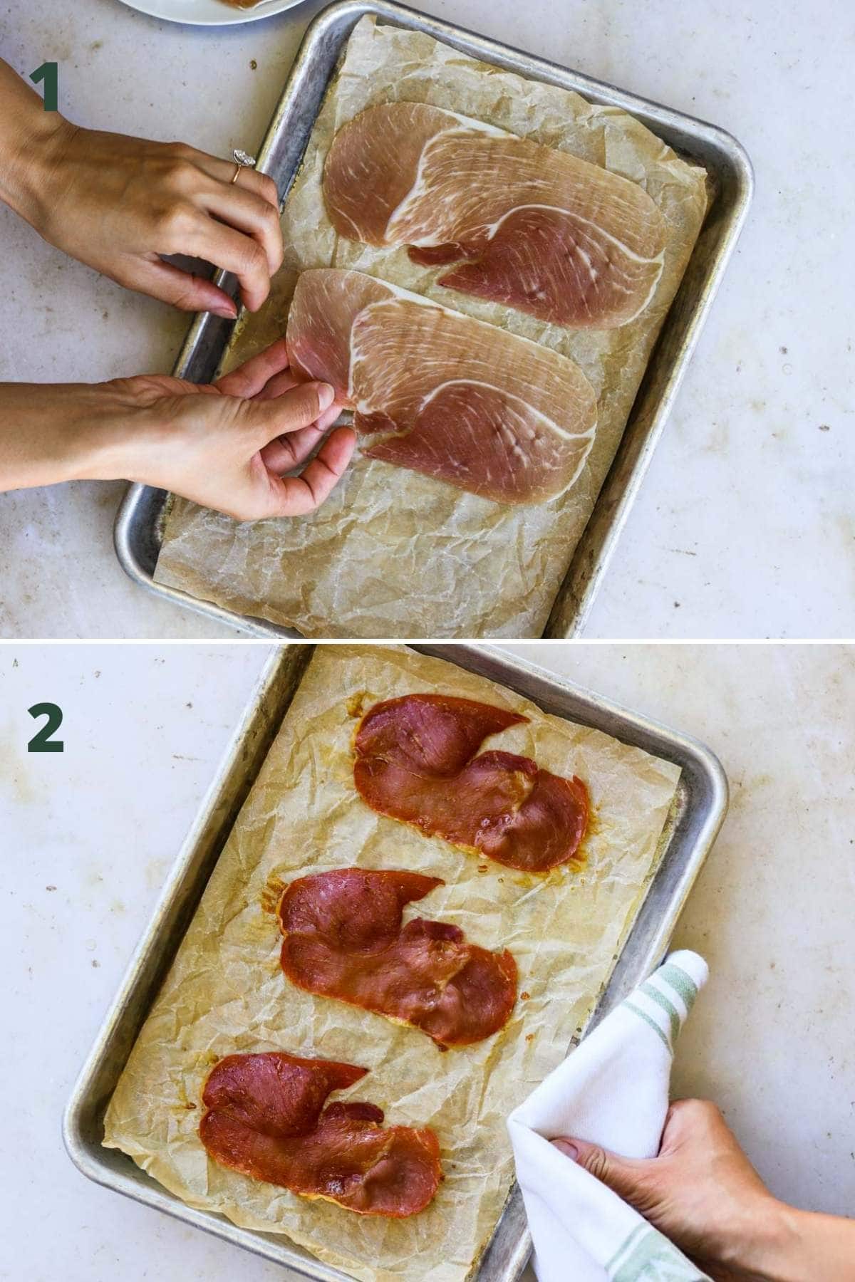 Steps to make crispy prosciutto, including placing the prosciutto on a parchment paper-lined baking tray and baking it in the oven to make it crispy.