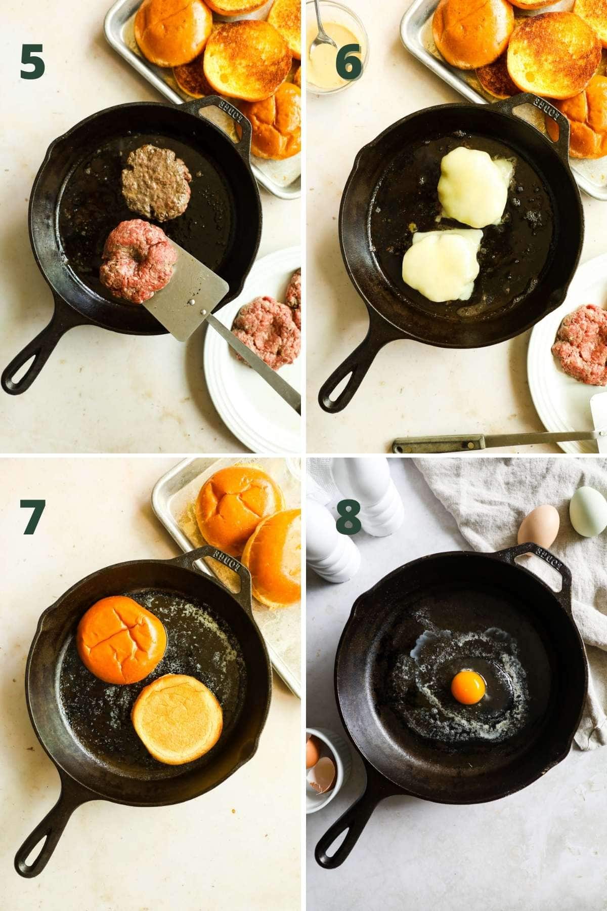 Steps to make a fried egg burger, including how to cook burger in a skillet, melt cheese, toast buns, and fry the egg.