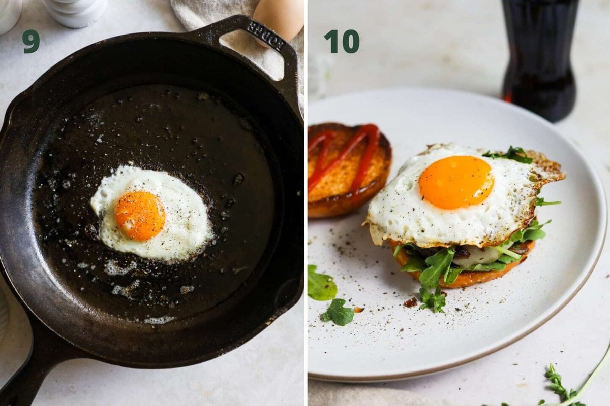 Steps to make fried egg burger, including how to make a sunny side up egg and assemble the burger.