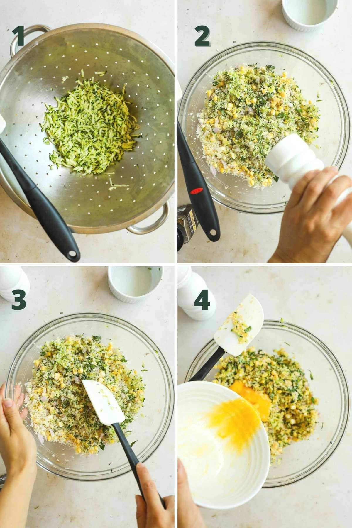 Steps to make corn and zucchini fritters, including sweating the zucchini, mixing the ingredients, and folding in the egg.