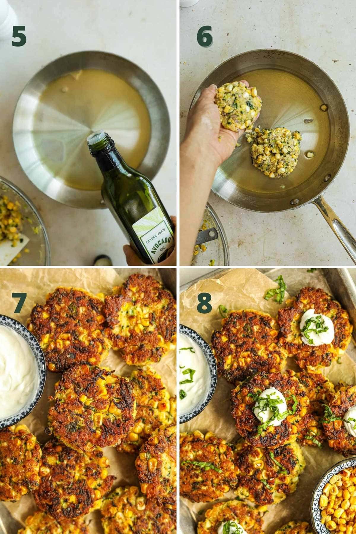 Steps to make zucchini and corn fritters, including heating the oil in a pan, frying the fritters, blotting the oil, and serving with greek yogurt and basil.