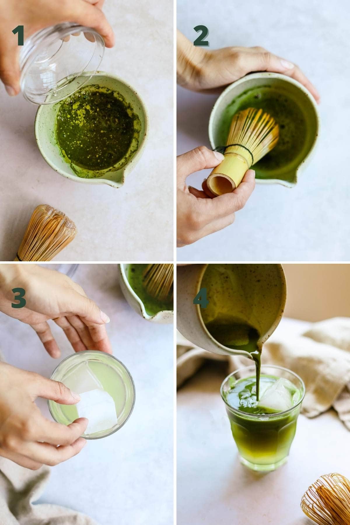 Steps to make green tea lemonade, including whisking the tea, adding ice, and mixing lemonade with matcha.