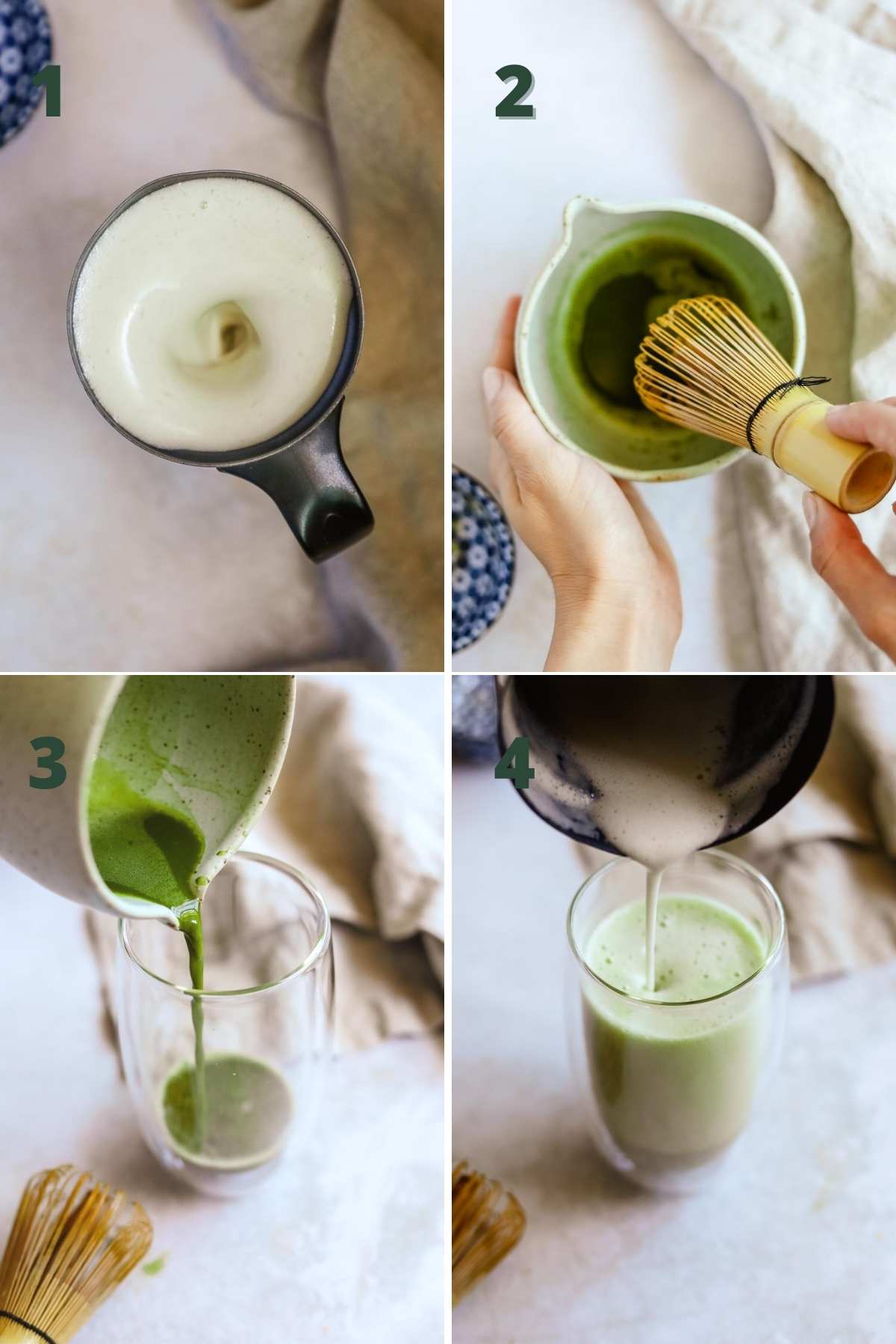 Steps to make a vanilla matcha latte iced or hot, including whisking the matcha with water, sweetening the milk, pouring the matcha into the glass, and adding milk.