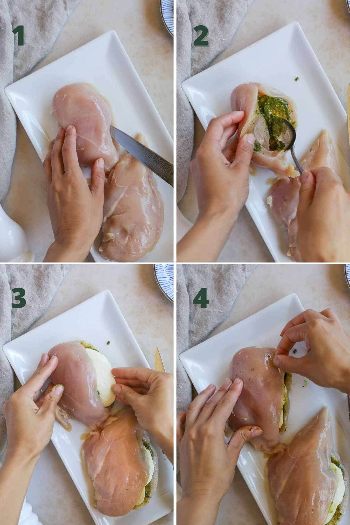 Steps to make pomodoro chicken including slicing the chicken to make a pocket, adding pesto and mozzarella, and sealing with toothpicks.