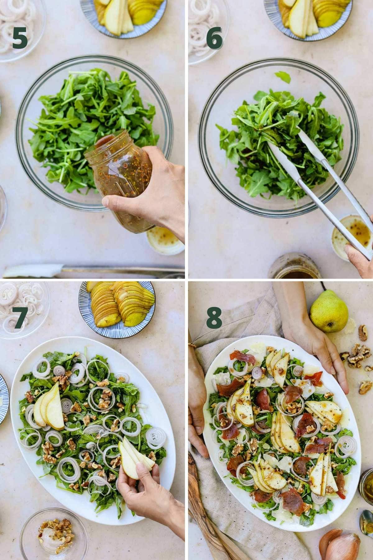 Instructions to make prosciutto and pear arugula salad, including tossing the salad and adding the toppings.