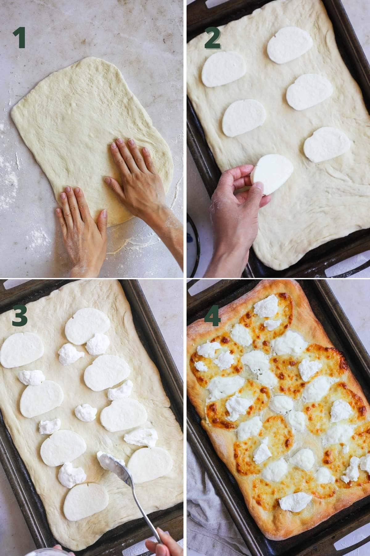 Steps to make prosciutto ricotta pizza, including rolling out the dough, adding Mozzarella and ricotta, and baking in the oven on a baking sheet.
