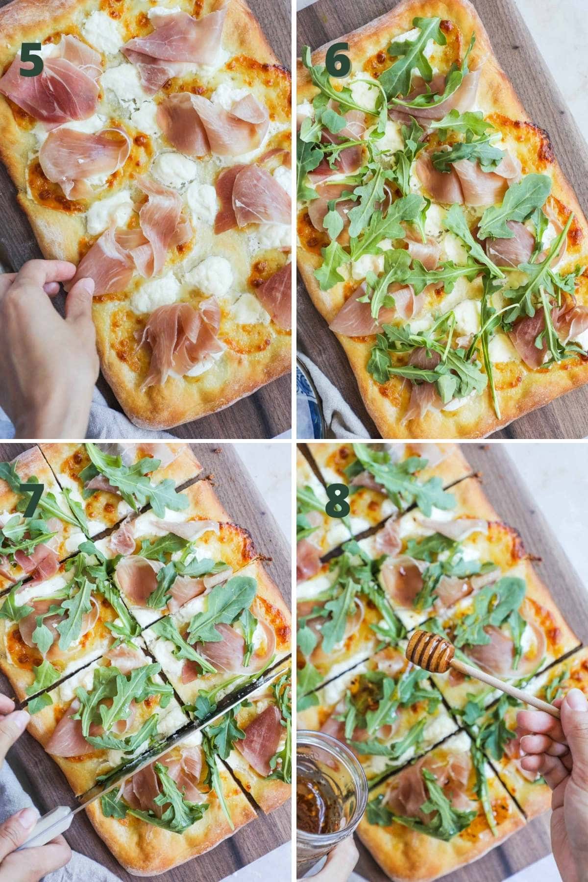 Steps to make pizza with prosciutto and ricotta, including add the prosciutto and arugula, cutting into slices, and drizzling with hot honey.