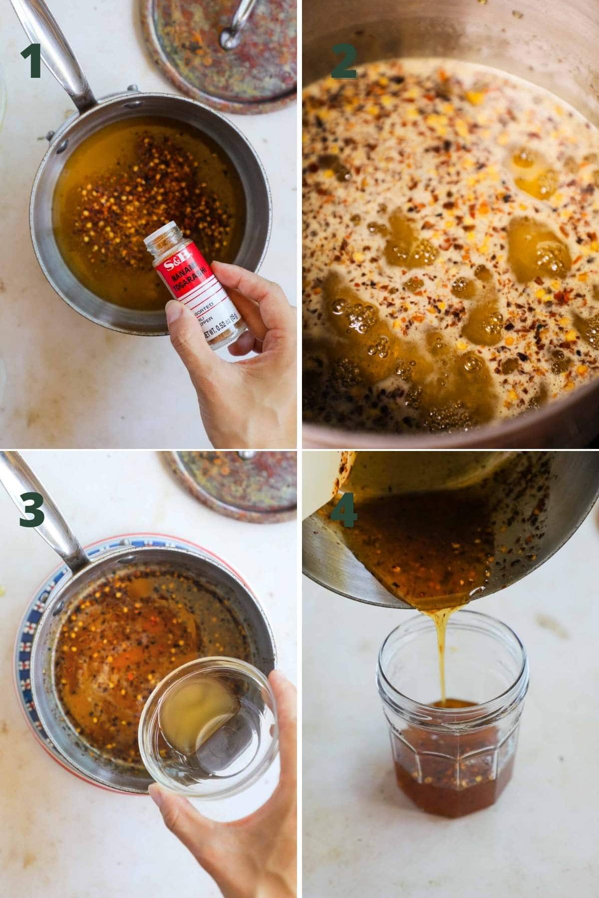 Step to make spicy hot honey sauce, including simmering the honey, stirring in apple cider vinegar, and pouring it into a sanitized jar.