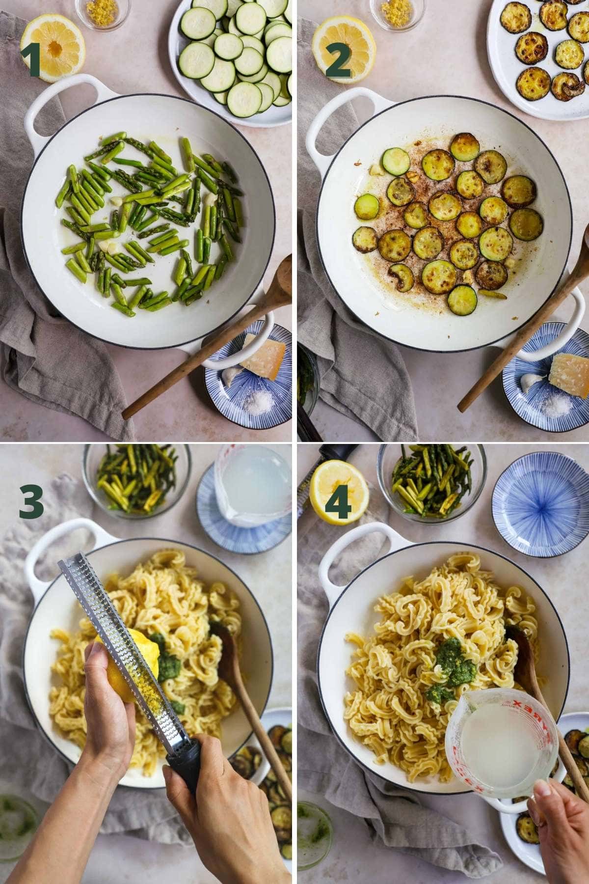 Instructions to make veggie pesto pasta, including cooking the asparagus and zucchini, and adding lemon zest, lemon juice, and pasta water to the pasta.