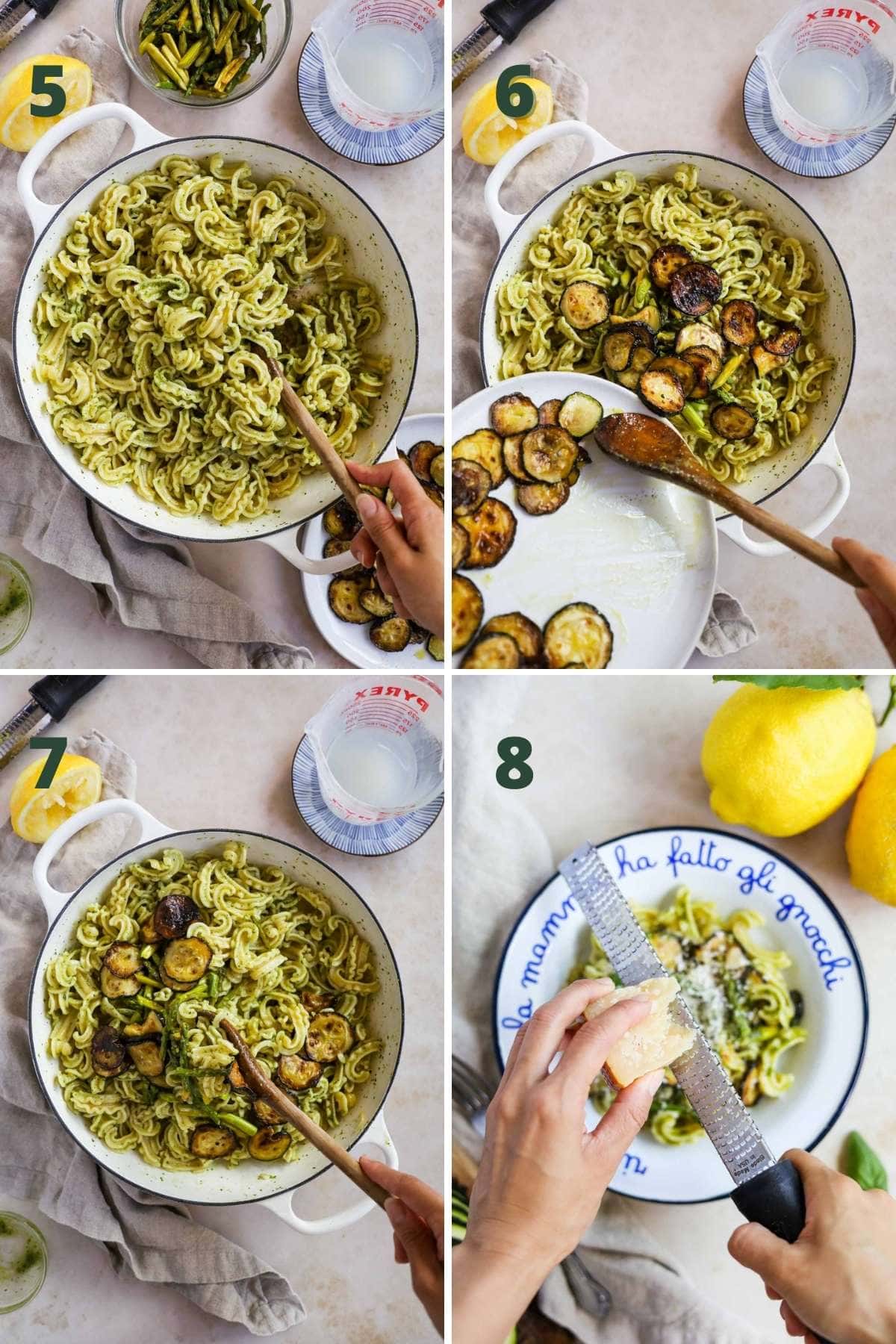 Steps to make veggie pesto pasta, including mixing in the zucchini and asparagus, and serving with grated cheese.