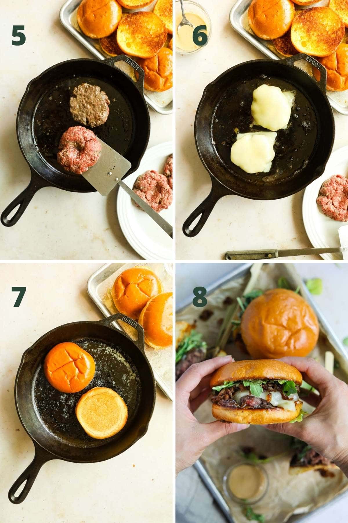 Steps to sear wagyu patties, melt cheese, and toast buns.