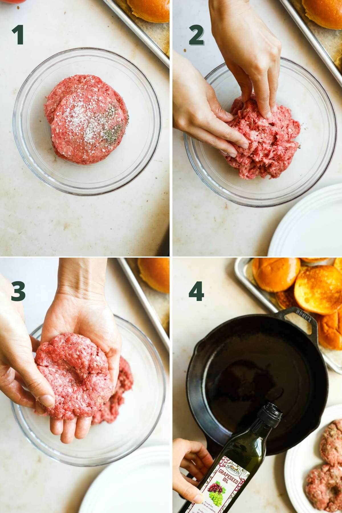 Steps to season and mix the ground wagyu beef for patties.