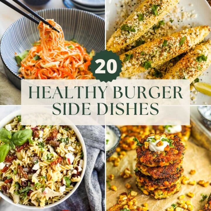 20 healthy burger sides, including kani salad, pasta salad, corn and zucchini fritters, and corn.