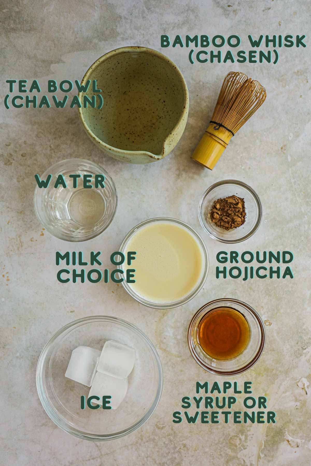 Ingredients to make Hojicha latte, including water, ground Hojicha, milk of choice, sweetener, and ice.