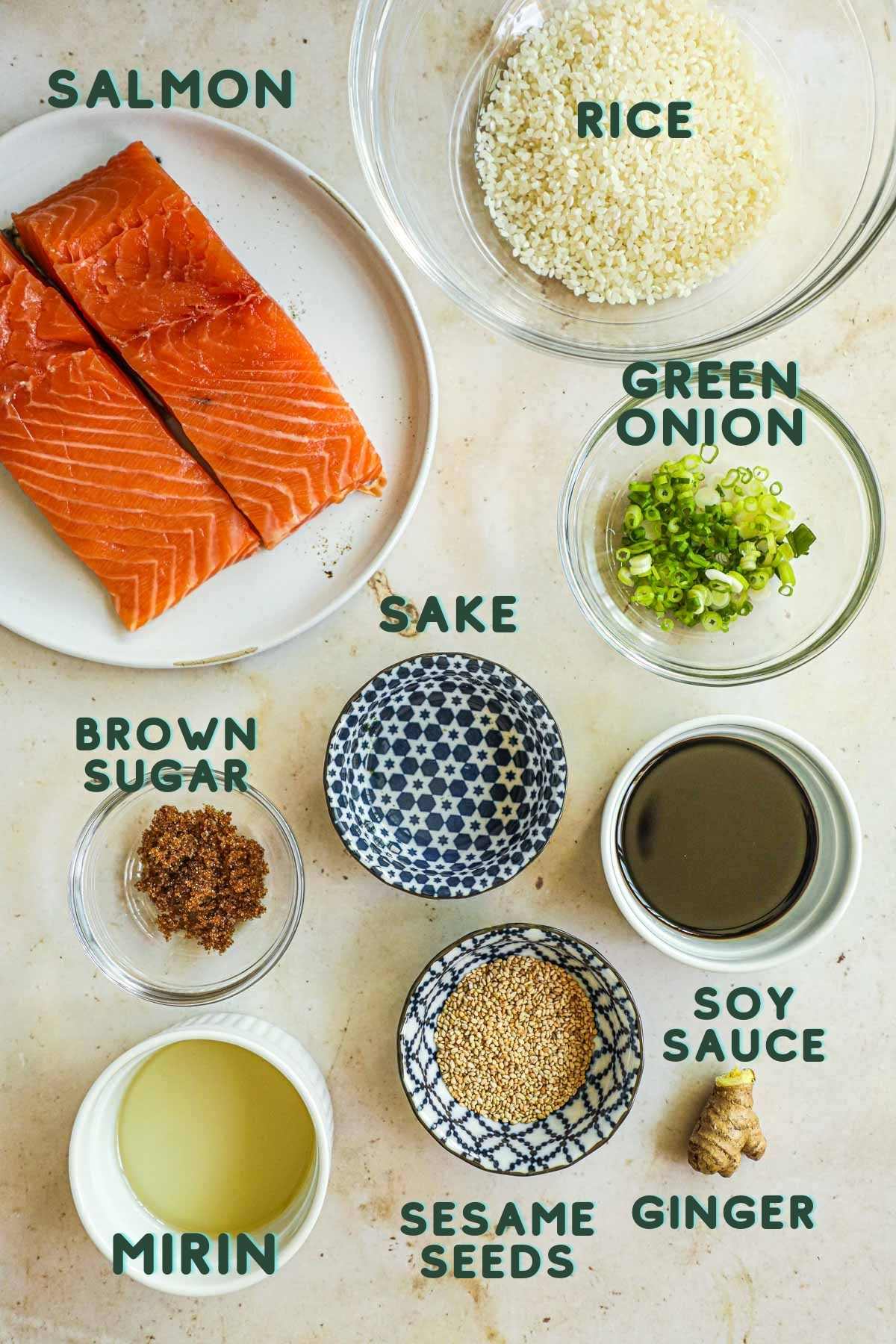 Ingredients to make teriyaki salmon rice bowls, including salmon, teriyaki sauce, rice, ginger, sesame seeds, and green onions.