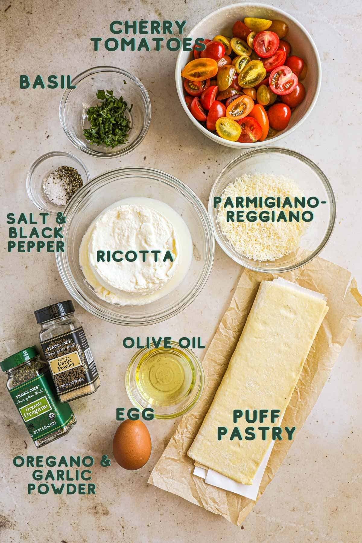 Ingredients to make tomato tartlets with puff pastry.
