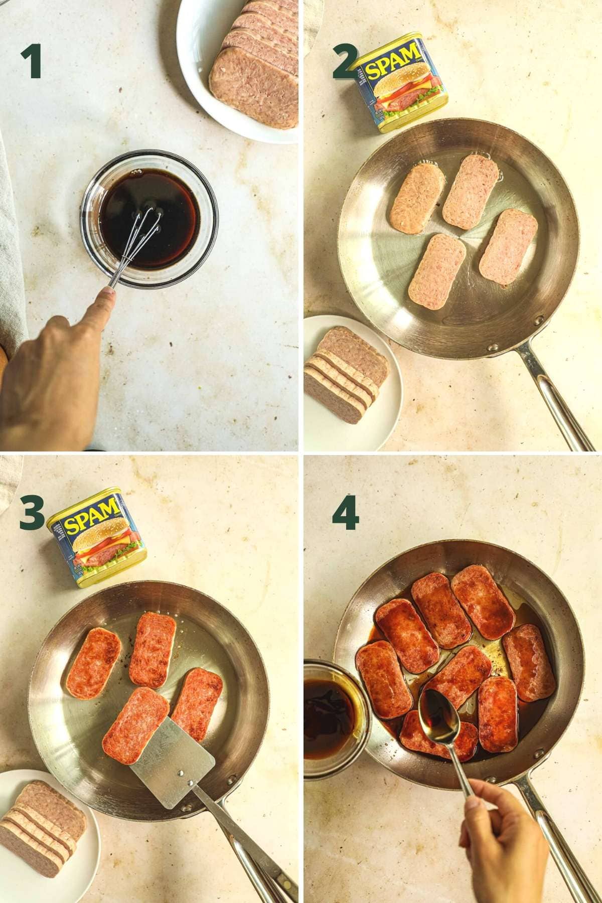 Steps to make pan fried Spam, including making the teriyaki sauce, pan frying the Spam on both sides, and simmer it in homemade teriyaki sauce.