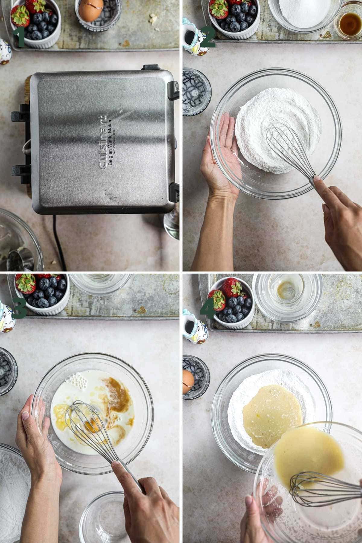 Steps to make mochi waffles, including preheating the waffle iron, mixing the dry ingredients, mixing the wet ingredients, and combining the two.