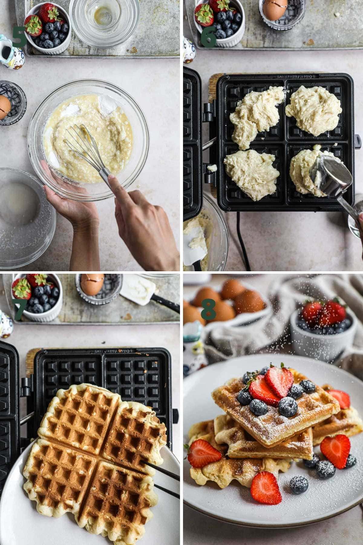 Steps to make gluten-free mochi waffles, including mixing the ingredients, add the batter to the waffle iron, cooking the waffles, and serving with powdered sugar, syrup, and fruit.
