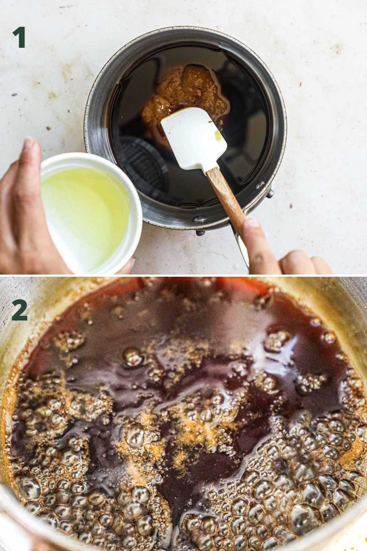 Steps to make gluten free honey teriyaki sauce, including adding the ingredients to a saucepan and simmering.
