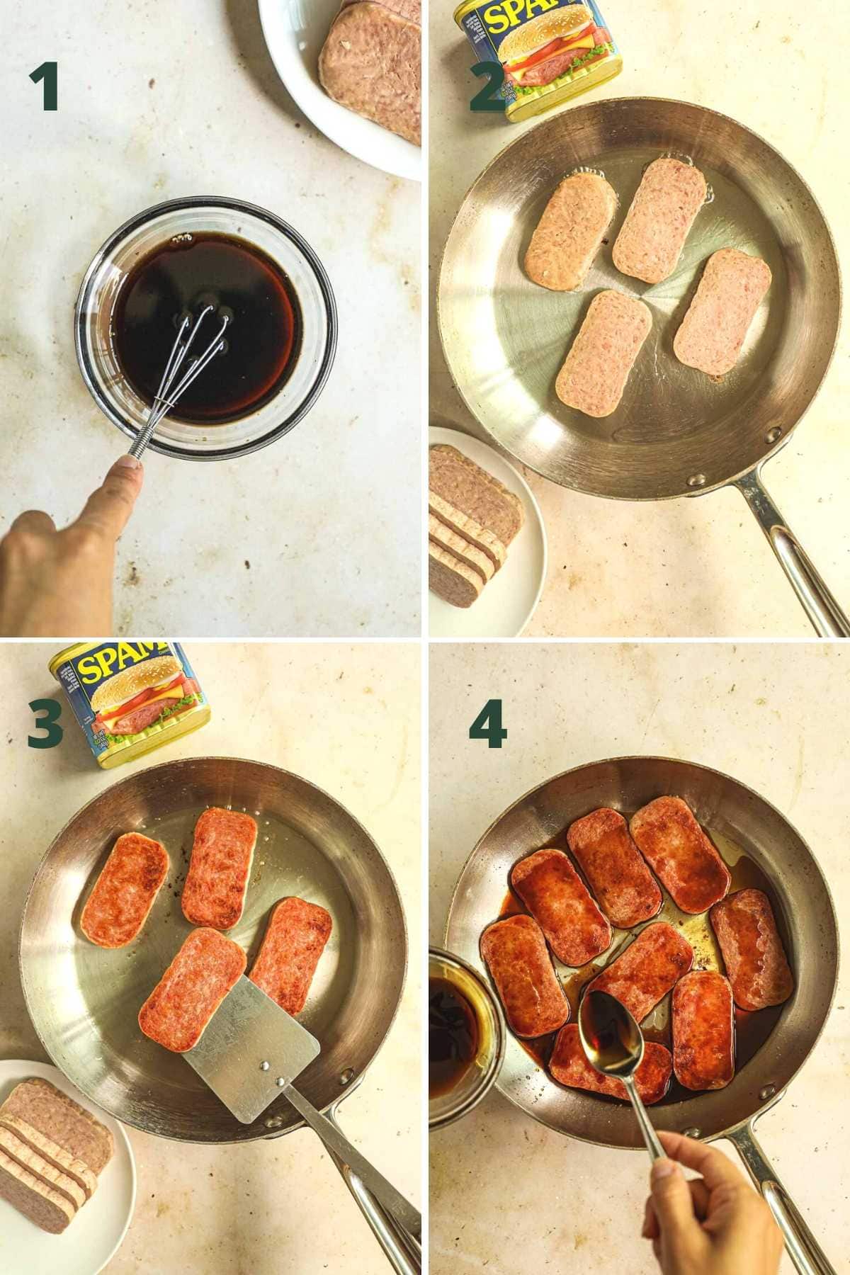 Steps to make teriyaki SPAM, including the teriyaki sauce and frying the SPAM in a pan.