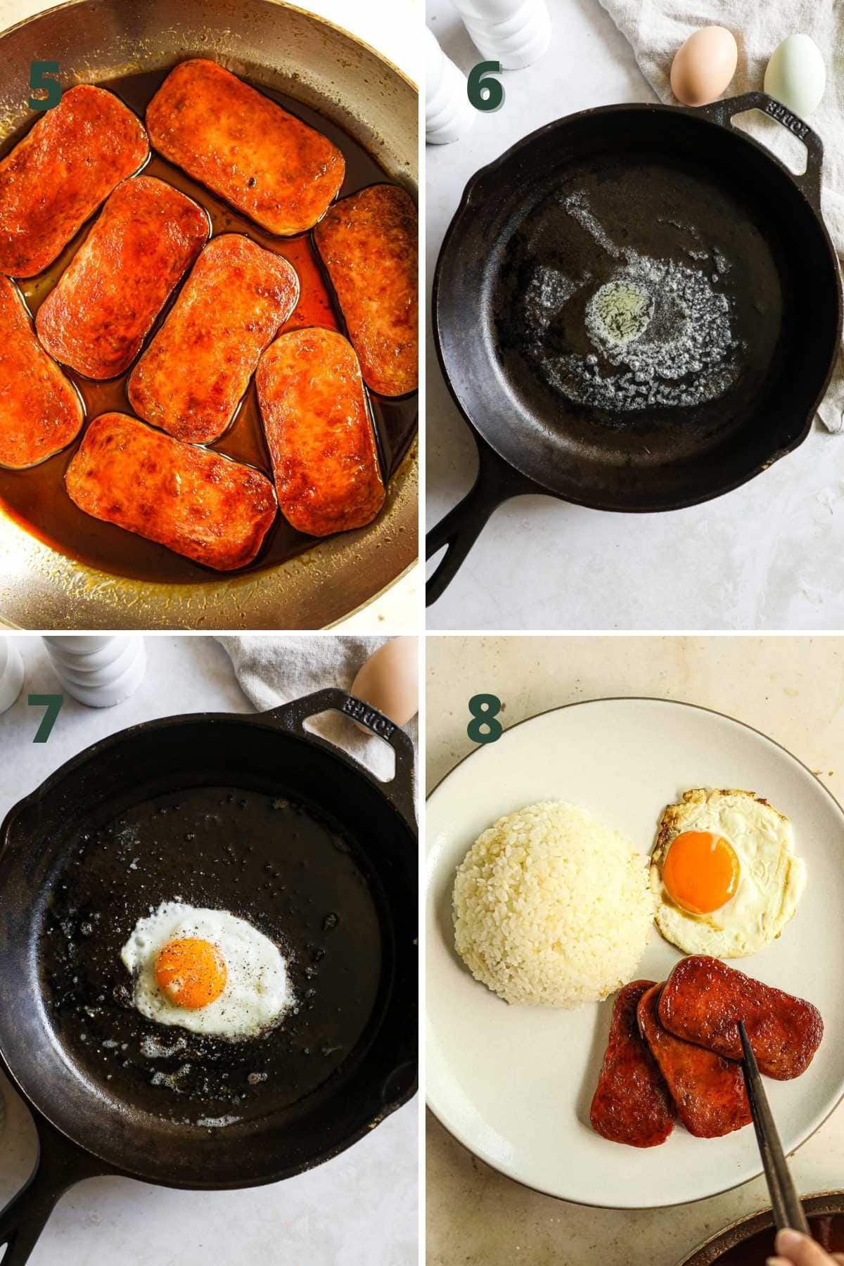 Steps to make spam, eggs, and rice, including frying the SPAM in teriyaki sauce, frying the egg, and assembling the plate.