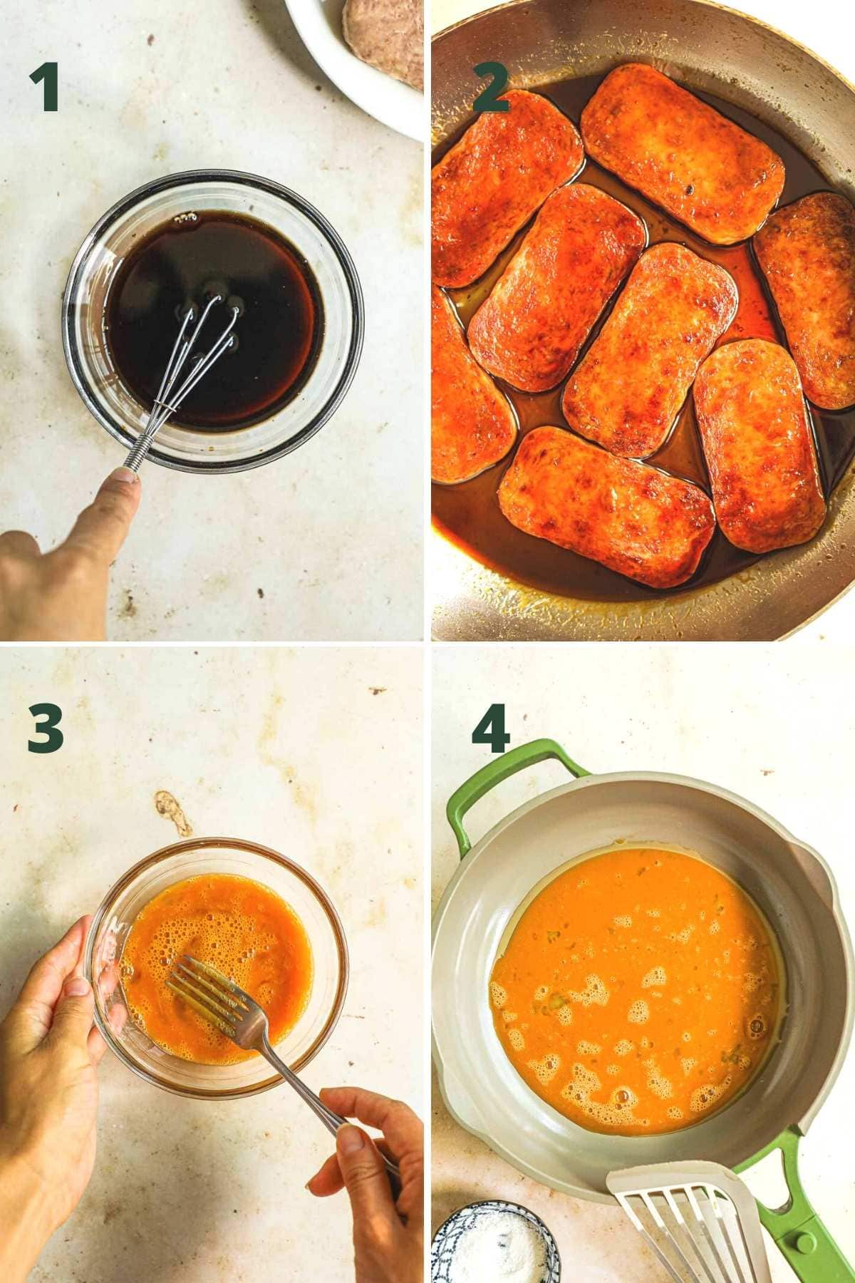 Steps to make spam musubi with egg, including making the teriyaki sauce, frying the spam, mixing the egg with soy sauce and sugar, and cooking the egg in a pan.