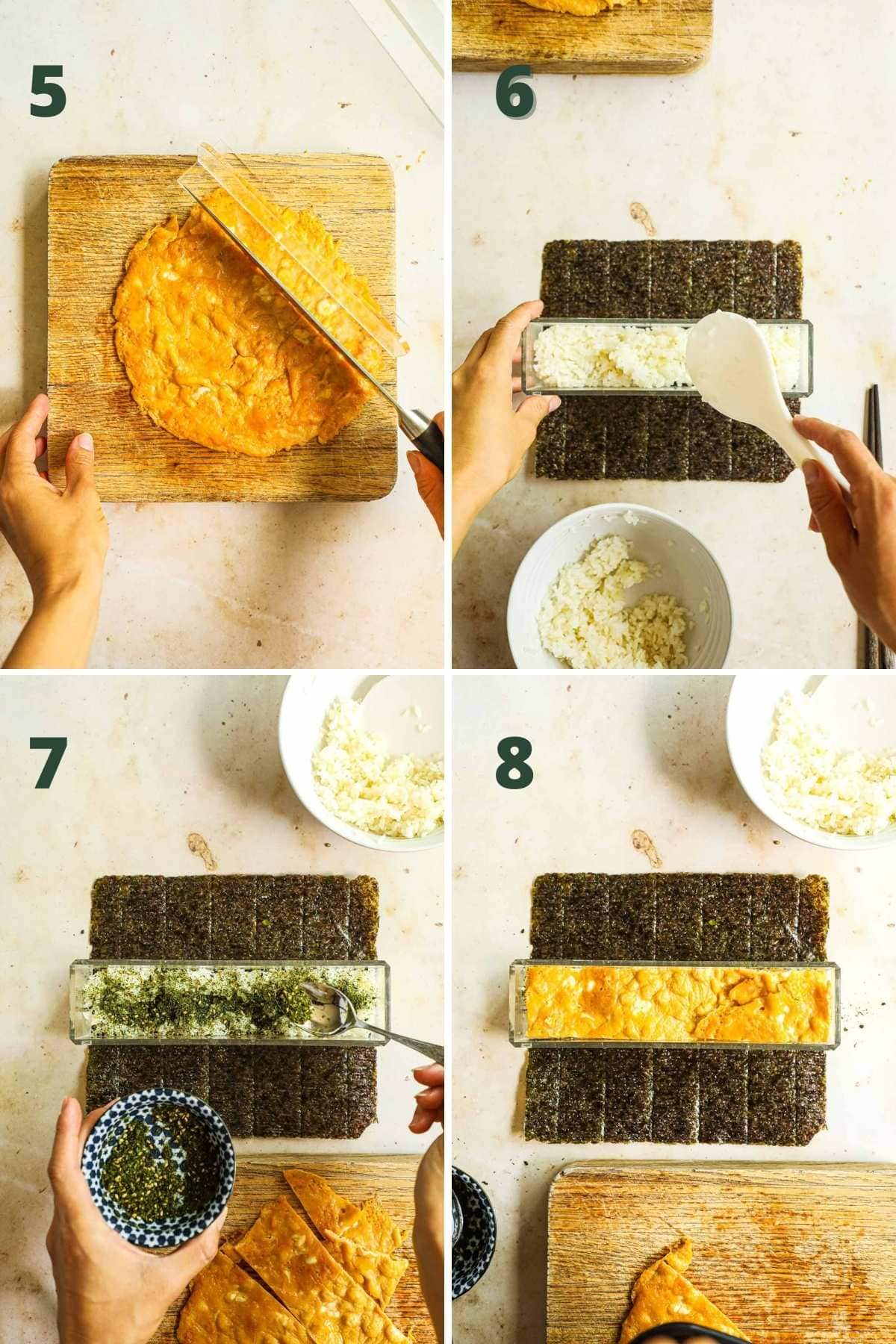 Steps to make spam musubi with egg, including cutting the egg, adding the rice to the musubi mold, adding furikake on top, and adding egg to the mold.