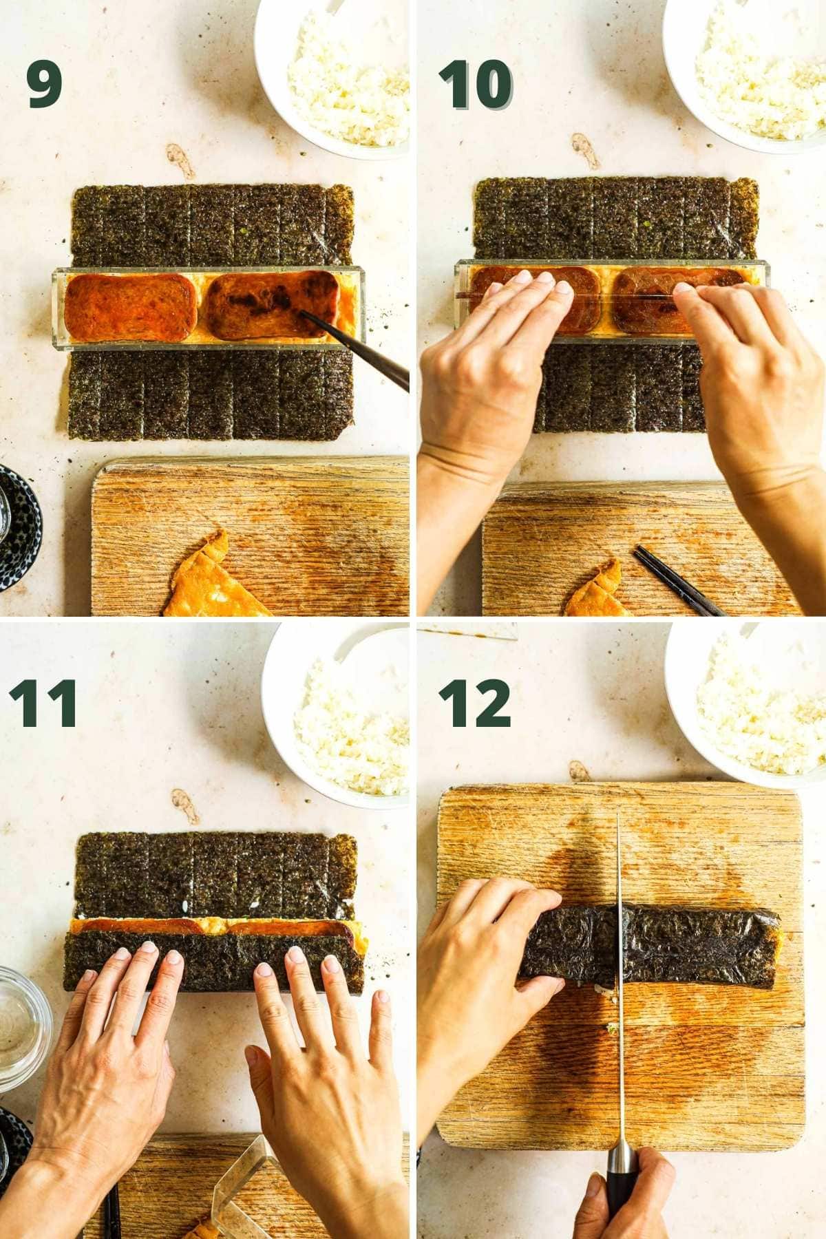 Steps to make spam musubi with egg, including adding the spam to the mold, pressing the mold, wrapping the musubi with nori, and cutting the musubi in half.