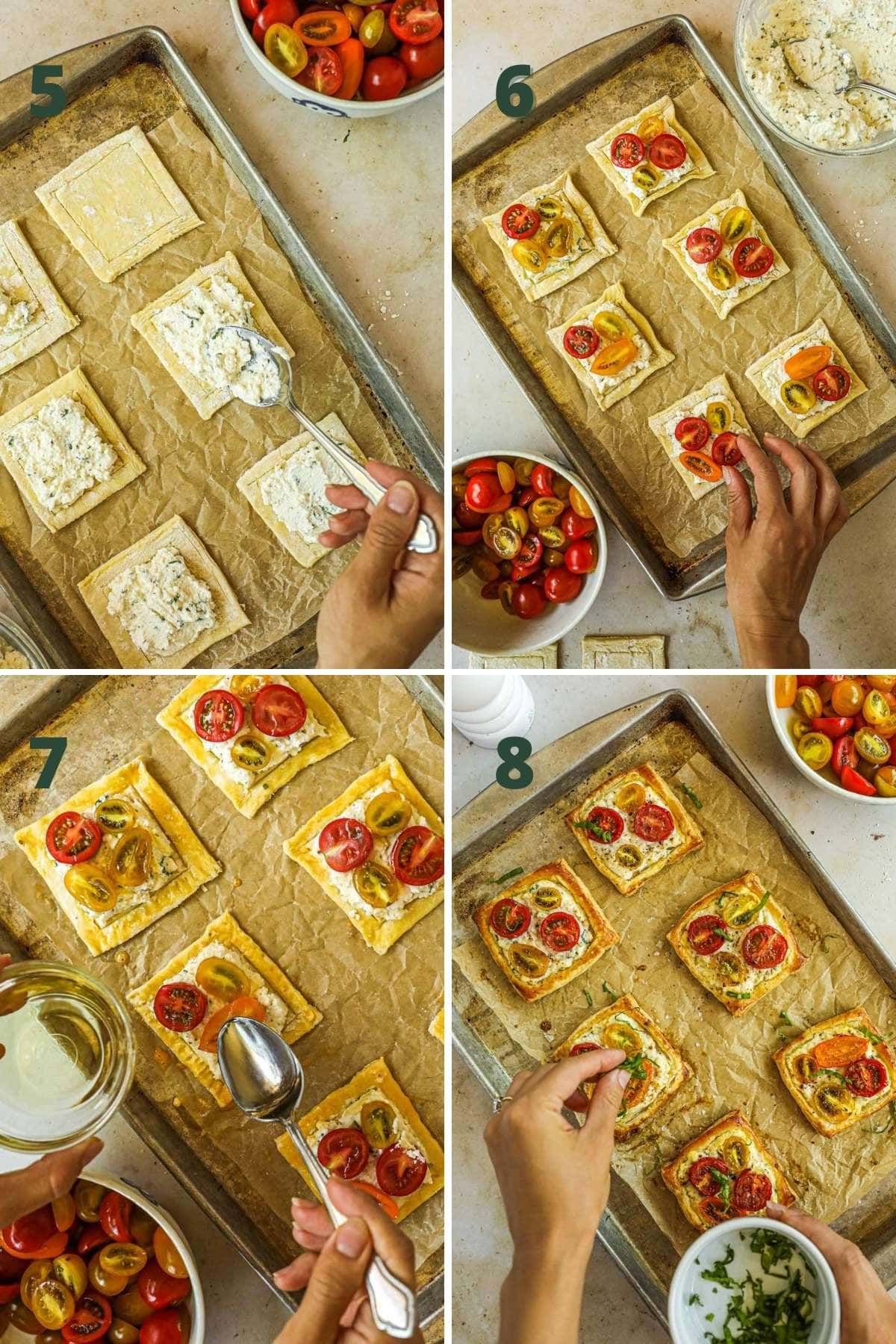 Steps to make tomato tartlets with puff pastry, including adding the ricotta mixture, topping with cheese and olive oil, and baking in the oven.