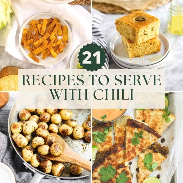 Recipes to serve with chili, including crunchy tortilla strips, cornbread, potatoes, and quesadillas.