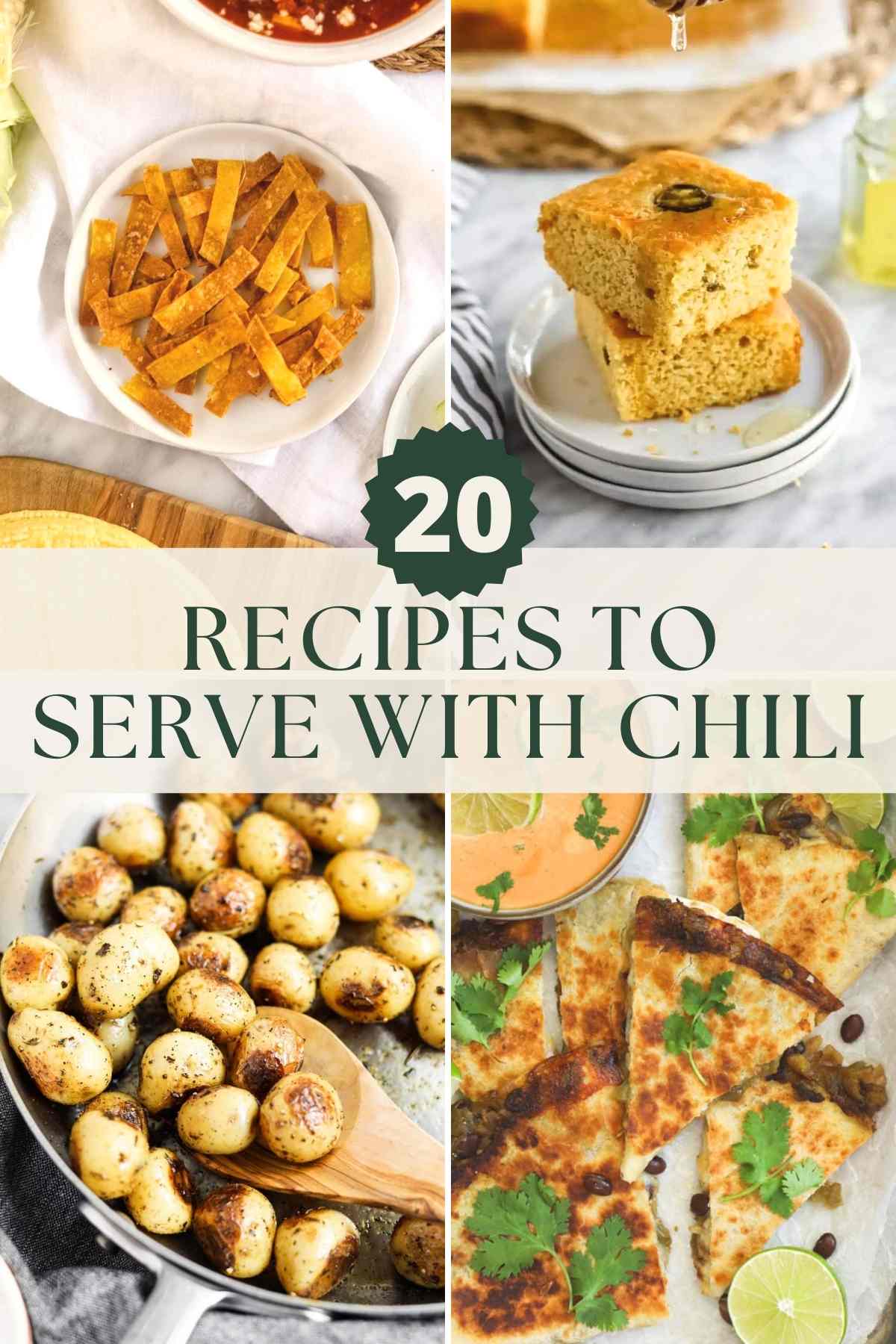 Recipes to serve with chili, including crunchy tortilla strips, cornbread, potatoes, and quesadillas.