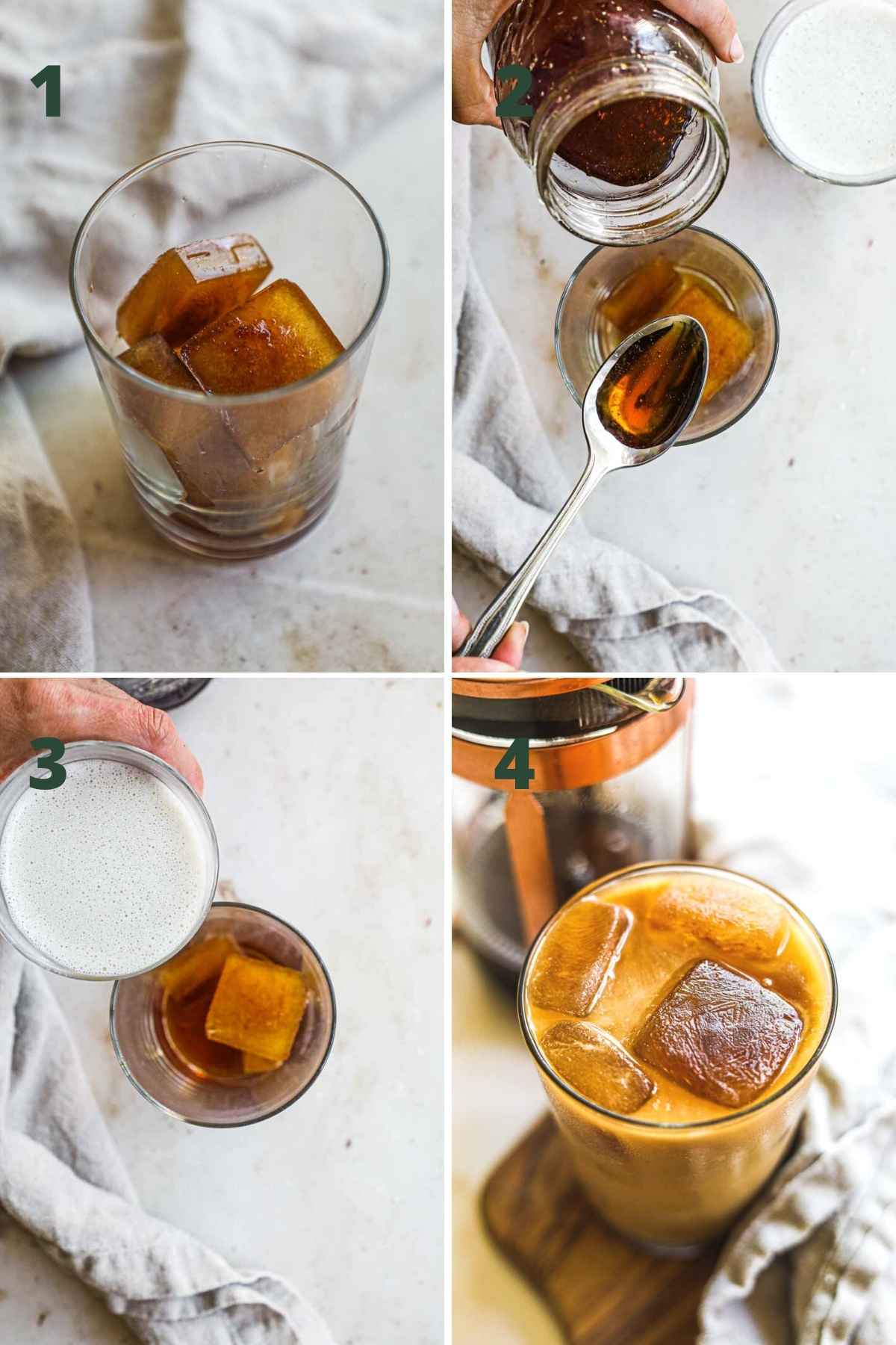 Steps to make caramel iced coffee, including adding the coffee ice cubes, pouring the caramel syrup, adding the milk, and stirring.